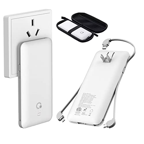 Portable Charger, Ultra Slim USB C Power Bank, 4 Output Dual Input External Battery Pack with Built-in AC Wall Plug,Built in Micro and USB C Three Cables Compatible with All mobilephone