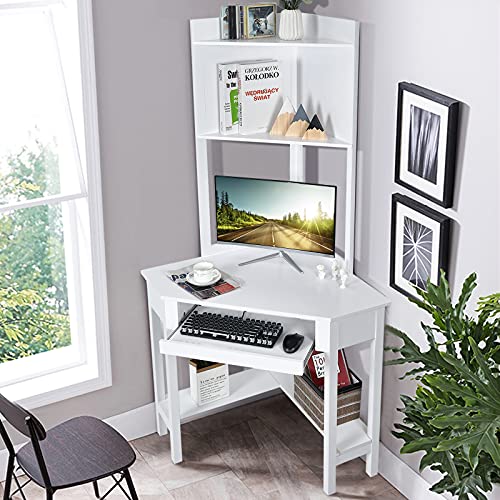 Tangkula White Corner Desk with Hutch